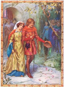Hän meni naimisiin ylhäissyntyisen naisen kanssa (elokuvasta The Story of Gamelyn) (värilitografia). tekijältä Harry George Theaker