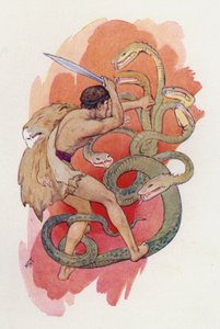 Hercules ja seitsenpäinen käärme (värilitografia) tekijältä Harry George Theaker
