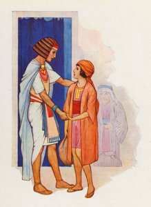 Juuda toi Benjaminin ja esitteli hänet Joosefille (värilitografia). tekijältä Harry George Theaker