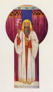 Mooses piti sauvoja ylhäällä (värilitografia). tekijältä Harry George Theaker