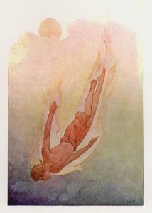 Phaeton hiuksensa liekeissä, putoamassa syvään viileään jokeen (värilitografia). tekijältä Harry George Theaker
