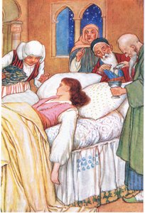 Prinsessa Aldebonda ja hänen lääkärinsä (tarinasta "Rakkauden pyhiinvaeltajat"), kuvitus teoksesta "Tales of Alhambra", n. 1940 (värilitografia). tekijältä Harry George Theaker