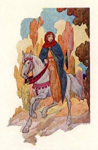 Prinsessa Guinevere ratsastamassa (värilitografia) tekijältä Harry George Theaker