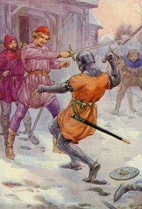 Robin hyppäsi hänen ympärillään ja iski minne tahtoi (värilitografia). tekijältä Harry George Theaker