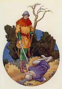 Robin iski kotiin ja yhdellä iskulyönnillä tappoi Guy of Gisbornen (värilitografia). tekijältä Harry George Theaker