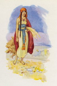 Ruut keräilee peltoa (värilitografia). tekijältä Harry George Theaker