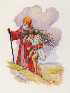 Rinnakkain Aabraham ja Iisak kiipesivät jyrkkää polkua (värilitografia). tekijältä Harry George Theaker