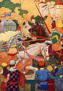 Sir Lancelotin ensimmäinen turnaus (värilitografia) tekijältä Harry George Theaker