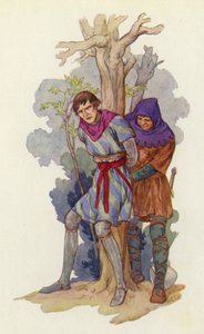"Riisukaa tuo rautakattila hänen päästään", huusi Robin, "ja sitokaa hänet puuhun" (värilitografia). tekijältä Harry George Theaker