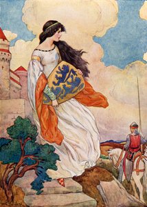 Prinsessa Iseult ja Sir Tristram of Lyonessen kilpi (värilitografia). tekijältä Harry George Theaker