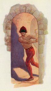 Ensimmäinen heistä oli vyötäröstä ylöspäin paljaana, ja hänellä oli musta naamio (värilitografia). tekijältä Harry George Theaker