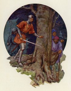 "Vihdoinkin lainsuojattomat!", sheriffi huusi ja juoksi miekka kädessään sinne, minne hahmot olivat kadonneet (värilitografia). tekijältä Harry George Theaker