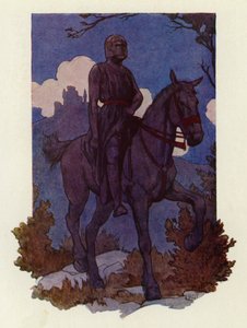 Outo ritari tuli heitä kohti, ratsastaen suurella mustalla hevosella ja aseistautuneena kokonaan mustaan (väriliitossa). tekijältä Harry George Theaker