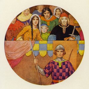 Katsomossa oli loistava joukko ritareita ja naisia (värilitografia). tekijältä Harry George Theaker