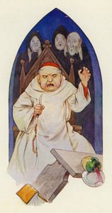 Kerrotaan, että abbedissa Hugo raivostui raivosta (värilitografia). tekijältä Harry George Theaker