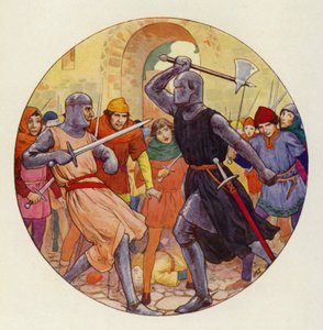 Kolme kertaa Isambart ponnisti, ja kolme kertaa ponnistus meni leveäksi (värilitografia). tekijältä Harry George Theaker