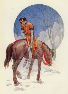 Niin Guy ratsasti pois, kasvot heitä kohti, jalat tiukasti kiinni hevosen alla (väriliitoskuva). tekijältä Harry George Theaker