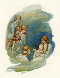 Pikkuinen Lancelot herää ja hymyilee (värilitografia). tekijältä Harry George Theaker