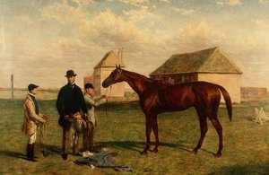 "Thunderbolt", kastanjakilpahevonen omistajansa ja Jockeyn kanssa