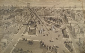 Brooklyn Plaza of the Manhattan Bridge, n. 1917 (Intian muste ja pesu, jota on kosketettu läpinäkymättömällä valkoisella)