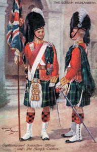 Gordon Highlanders, kapteeni ja Subaltern upseeri, Kings Colors (väri litho) kanssa