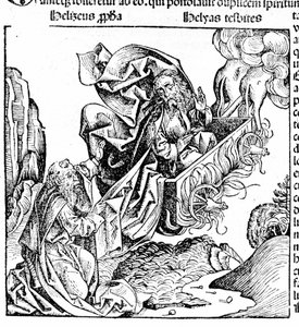 Elia nousee tulivaunuissa ja jättää tilansa Eliselle. Hartmann Schedel: Nürnbergin kronikka. Nürnberg 1497 tekijältä Hartmann Schedel