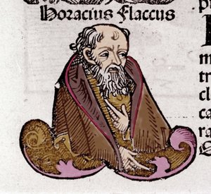 Muotokuva Horatiuksesta (Quintus Horatius Flaccus) (65-8 eKr.), latinalainen runoilija. Hartmann Schedelin "Kronikoiden kirjassa". 1497 tekijältä Hartmann Schedel