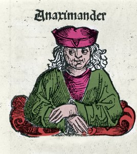 Kuvaus Anaximandros tai Anaximander De Miletus (610 - 547 eKr.), kreikkalainen filosofi, matemaatikko ja tähtitieteilijä, Hartmann Schedelin "" Nürnbergin aikakirjat" -kirjan ksylografia