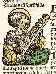 Pyhä Felicite, marttyyrikuolema Roomassa, hänen seitsemän lapsensa pään edustus. Hartmann Schedelin ksylografia "" Nürnbergin aikakirjat""" 1493. tekijältä Hartmann Schedel