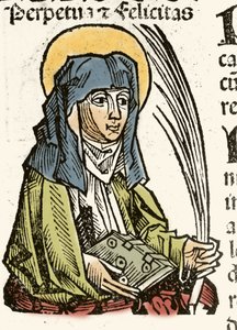 Pyhän Perpetuuksen edustus, marttyyrikuolema Karthagossa. Hartmann Schedelin ksylografia "" Nürnbergin aikakirjat"" 1493. tekijältä Hartmann Schedel