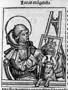 Evankelista Pyhän Luukkaan edustus. Kaiverrus Hartmann Schedelin teoksesta "Liber chronicarum" (Nürnbergin kronikot) 1493
