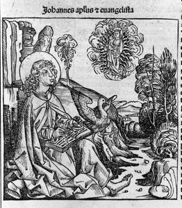 Evankelista Pyhän Johanneksen edustus. Kaiverrus Hartmann Schedelin teoksesta "Liber chronicarum" (Nürnbergin kronikot) 1493 tekijältä Hartmann Schedel