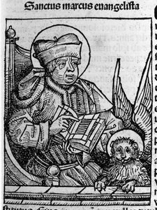Evankelista Pyhän Markuksen edustus. Kaiverrus Hartmann Schedelin teoksesta "Liber chronicarum" (Nürnbergin kronikot) 1493 tekijältä Hartmann Schedel