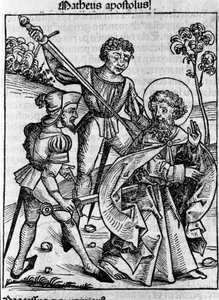 Evankelista Pyhän Matteuksen edustus. Kaiverrus Hartmann Schedelin teoksesta "Liber chronicarum" (Nürnbergin kronikot) 1493 tekijältä Hartmann Schedel