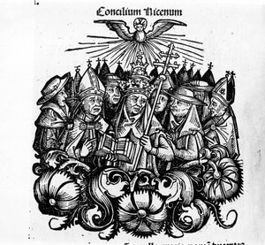 Nizzan kirkolliskokous. Kuva H. Schedelin "" Universal Chronicles of Nuremberg -kirjasta". tekijältä Hartmann Schedel