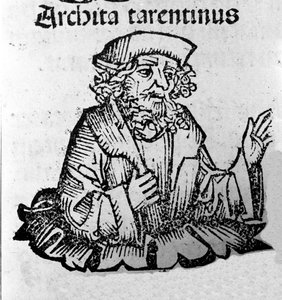 Kreikkalainen filosofi Archytas Tarantosta (435-347 eKr.) filosofi Pythagorician, matemaatikko, tähtitieteilijä. Hartmann Schedelin "" Nürnbergin aikakirjat" -ksylografia