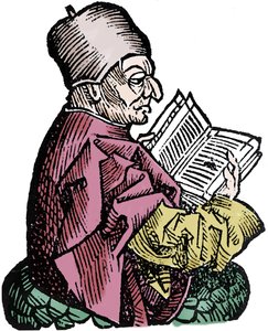 Historioitsija ja teologi Bede Kunnianarvoisa (673-735) (Beda Venerabilis). Hartmann Schedelin "" Nürnbergin aikakirjat" -ksylografia