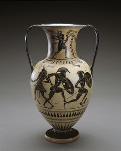Mustahahmoinen amfora kohtauksella Iliadista, 540-520 eKr. (terrakotta & lippa) tekijältä Hattatt Painter (attr. to)