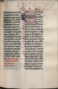 Evankeliumikirja evankelistamuotokuvilla: koristeltu alkukirjain, n. 1480.