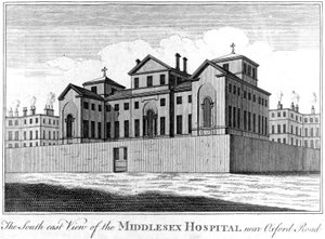 Kaakkoisnäkymä Middlesexin sairaalasta, 1745