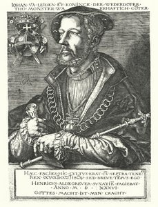 John Leiden, hollantilainen anabaptistijohtaja ja yksi Munsterin kapinan johtajista vuosina 1534-1535 (kaiverrus) tekijältä Heinrich (after) Aldegrever
