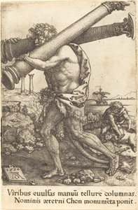Herkules kantamassa Gazan kahta pylvästä, 1550. tekijältä Heinrich Aldegrever