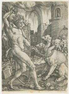 Hercules kahlitsee Cerberuksen, 1550 tekijältä Heinrich Aldegrever