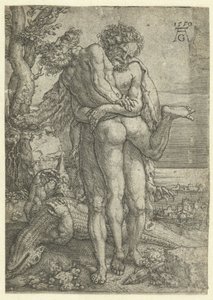 Hercules taistelee jokijumala Achelousta vastaan Labors of Hercules (sarjan nimi) tekijältä Heinrich Aldegrever