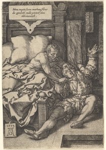 Tuomari Herkinbald leikkaamassa veljenpoikansa kurkun, 1553. tekijältä Heinrich Aldegrever