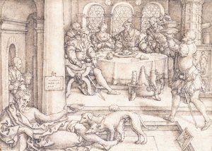 Lasarus kerjäämässä murusia sukelluspöydästä, 1552 tekijältä Heinrich Aldegrever
