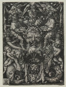 Ornamenttisuunnittelu naamiolla, parilla tritonilla ja kahdella lapsella alla, 1549. tekijältä Heinrich Aldegrever