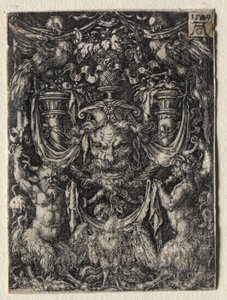 Ornamenttisuunnittelu, jossa on maski ja kotka kahden faunin välissä alla, 1509. tekijältä Heinrich Aldegrever