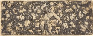 Ornamentti lehtineen ja lapsen keskellä, 1539. tekijältä Heinrich Aldegrever