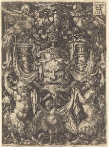 Ornamentti naamiolla, kotka satyyrien välissä alla, 1549. tekijältä Heinrich Aldegrever